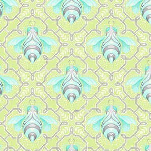 May include: A seamless pattern featuring stylised bees with blue and grey stripes on a light green background. The bees are arranged in a repeating geometric pattern with a grey lattice design.