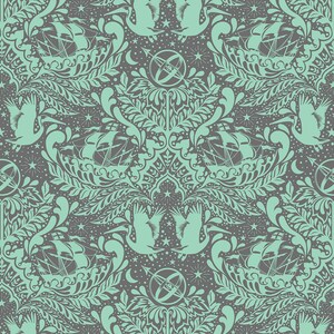 May include: A teal and gray patterned design featuring stylized ships, birds, and stars. The pattern is repeated seamlessly.