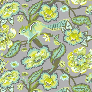 May include: A repeating pattern with a squirrel amongst large, stylized flowers and leaves. The design uses a palette of grey, green, and yellow-green, creating a nature-inspired aesthetic. The floral elements are detailed and prominent.