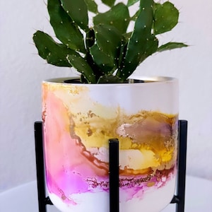 May include: A cactus plant in a white ceramic planter with pink, yellow, and gold abstract patterns. The planter is on a black metal stand.