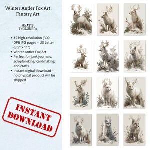 Winter Antler Fox Art – Woodland Animal Printable Wall Art – Junk Journal and Scrapbook Ephemera