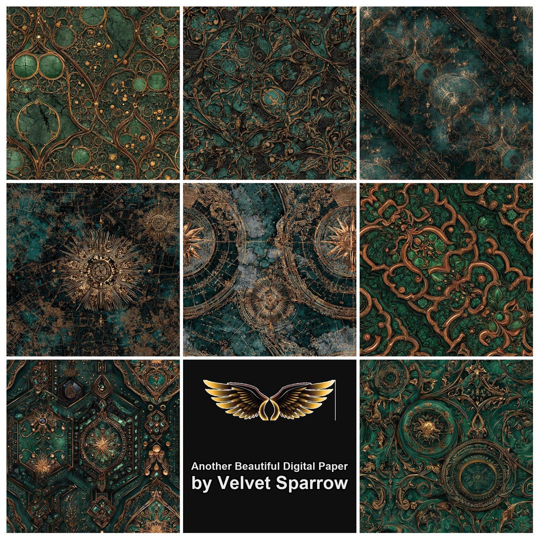 Emerald and Gold Digital Paper Pack – Ornate Steampunk Patterns ...