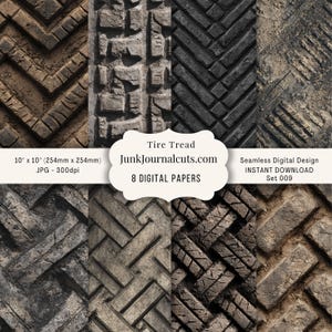 Vintage Tire Tread Digital Paper – Seamless Industrial Grunge Texture – 8 Junk Journal Backgrounds