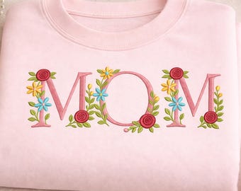 花柄のMOM刺繍、フェミニンな花柄アクセント、即時ダウンロード、母の日ギフト PES DSTファイル