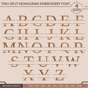 Fuente de bordado con letra dividida, fuente de bordado con monograma dividido Tino - Archivo de bordado a máquina - Alfabeto de descarga digital