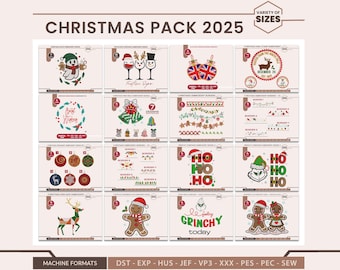 クリスマス刺繍パック 2025 – 20種類以上のホリデーデザイン、ボーダー、オーナメント、トナカイ、ジンジャーブレッド | デジタル刺繍ファイル