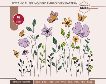 ボタニカルな野花の刺繍デザイン、蝶をあしらった春の花柄、機械刺繍デジタルダウンロード