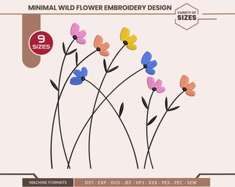 ミニマルな野花の刺繍デザイン | 花のラインアートの機械刺繍ファイル | モダンなボタニカルステッチパターン