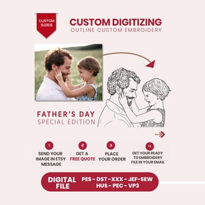 Puede incluir: Servicio de digitalización personalizada para bordado de contorno que muestra la conversión de una fotografía de un padre y un hijo en una ilustración de líneas. Incluye texto: CUSTOM DIGITIZING, FATHER'S DAY SPECIAL EDITION y formatos.