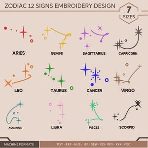 Zodiac Signs Embroidery Design. Astrology Embroidery Design Aquarius Constellation Embroidery Machine Embroidery 7 Sizes Horoscope symbol