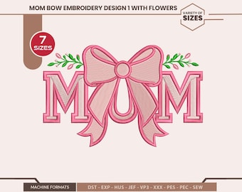 ママの刺繍デザイン、コケットリボンのミシン刺繍、母の日ギフトスウェットシャツPES即時ダウンロード