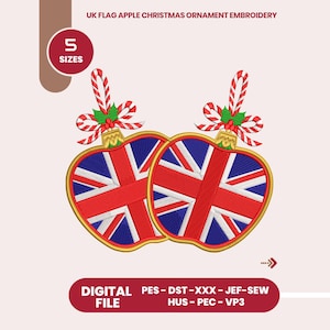 Puede incluir: Dos adornos navideños con forma de manzana con el diseño de la bandera del Reino Unido. Los adornos son rojos, blancos y azules, con un borde dorado. Cada uno tiene un bastón de caramelo y un lazo de acebo. El texto de la imagen dice "UK FLAG APPLE CHRISTMAS ORNAMENT EMBROIDERY" y "DIGITAL FILE".