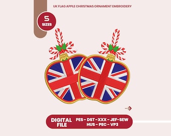クリスマスオーナメント刺繍デザイン 英国国旗 リンゴ | 英国風キャンディケイン ヒイラギ お祝い用機械刺繍