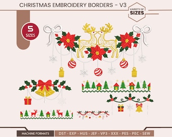 クリスマス刺繍ボーダー：サンタの刺繍、トナカイ、ジンジャーブレッド V- 3.0（即時ダウンロード）