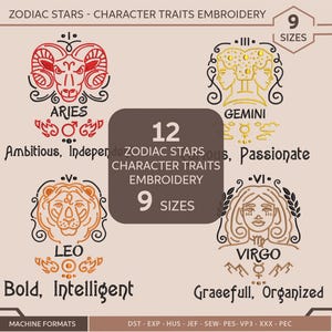 Haftowane znaki zodiaku - Haftowane znaki zodiaku - Cechy znaku zodiaku | Wzory do haftu maszynowego w 9 rozmiarach | Horoskop Astrologia