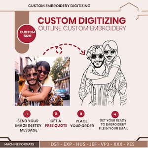 May include: An advertisement for custom embroidery digitizing services. The image features a photo of a couple, a line drawing of the same couple, and instructions on how to order. The text includes "Custom Digitizing" and "Outline Custom Embroidery."