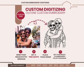 写真からのカスタム刺繍アウトライン、線画カップルポートレートのデジタル化、パーソナライズされた家族アウトラインPES DST EXP、デジタルダウンロード