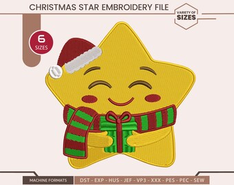 クリスマスの星の刺繍デザイン、サンタの帽子とギフトのステッチパターン、ホリデーデコレーションファイル、すぐにダウンロード
