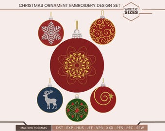 クリスマスオーナメント刺繍デザインセット、オーナメントとトナカイのステッチパターン、ホリデーデコレーション、インスタントダウンロードファイル