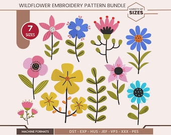 ワイルドフラワーの機械刺繍デザイン、ミニフラワーセット、ボタニカルフローラルパターン、ボヘミアンワイルドフラワーバンドル