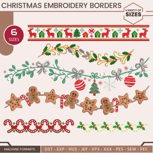 Peut inclure: Plusieurs bordures de broderie de Noël avec des motifs festifs. L'image présente des bordures avec des rennes, des maisons, du houx, des nœuds, des ornements, des bonhommes en pain d'épices, des cannes en sucre et des étoiles. Le texte indique 6 tailles et une variété de tailles.