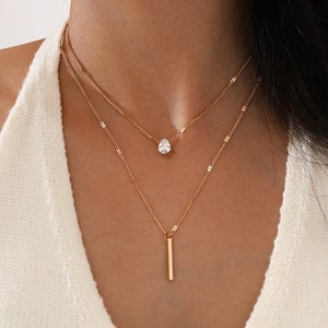 Layered Gold Necklace | Silver Pendant Necklace | Teardrop Necklace | Women's Necklace | Multi Layered Gold Chain | Bar Charm Necklace |. N8