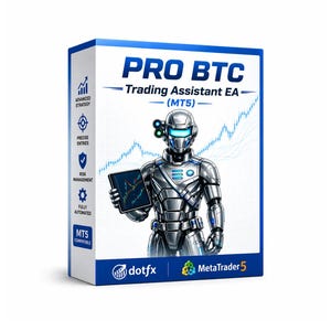 May include: A product box with the text "PRO BTC Trading Assistant EA (MT5)". The box features a futuristic robot holding a tablet displaying a financial chart. The box also includes the logos of dotfx and MetaTrader 5.