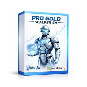 May include: A product box with a blue and white design featuring the text "PRO GOLD - SCALPER EA". The box displays an illustration of a futuristic robot holding a glowing screen with a chart. The dotfx and MetaTrader5 logos are also visible.