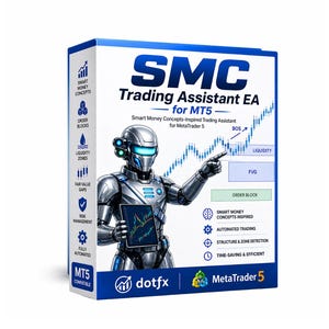 May include: A product box for "SMC Trading Assistant EA for MT5" features a futuristic robot pointing at a chart. The box is white and blue, with icons and text detailing features like "Smart Money Concepts" and "Automated Trading."
