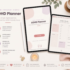 May include: A digital ADHD planner displayed on two tablets, featuring a daily plan layout with sections for priorities, schedule, to-do lists, and reflection. The interface uses a soft color palette of pink and beige with minimalist text.