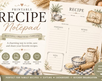 Puede incluir: Una plantilla de bloc de notas de recetas imprimible con una página de color crema que incluye secciones para ingredientes, método y notas. El diseño incluye ilustraciones de un saco de harina, un rodillo y un cuenco, con el texto PRINTABLE RECIPE Notepad.