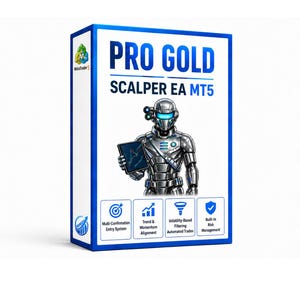 May include: A white box with blue trim features the text "PRO GOLD SCALPER EA MT5". An illustration of a robot holding a tablet is in the center. Icons below the text describe features like "Multi-Confirmation Entry System".