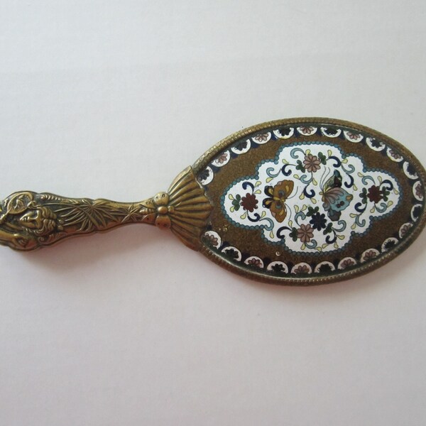 Hand Mirror-Antique Chinese Enameled Brass & Cloisonné -Beveled Edge-Nice