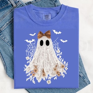 Halloween Lace Ghost T Shirt Spooky Coquette T-Shirt Girly Ghost Orange Bow T Shirt Lacey Ghost Tee Comfort Colors Spooky Season Top Outfit