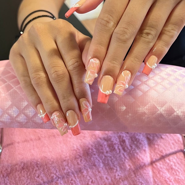 Coral French Tips and Watercolour Style Flowers Press On Nails