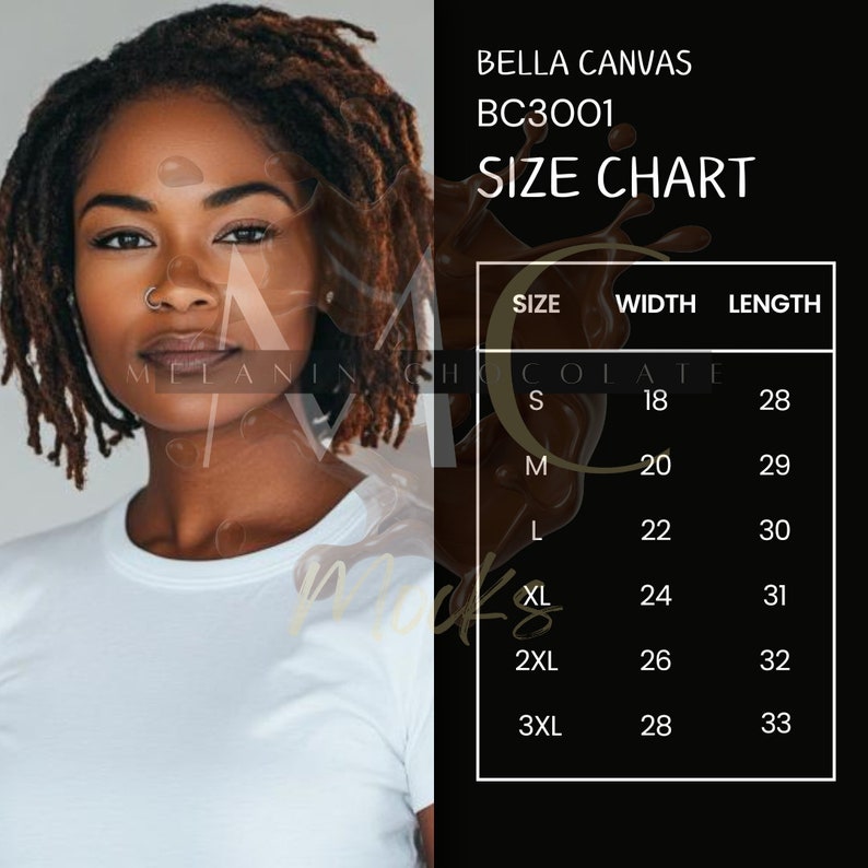 May include: Size chart for Bella Canvas BC3001 t-shirts. The chart shows the width and length in inches for sizes S, M, L, XL, 2XL, and 3XL.