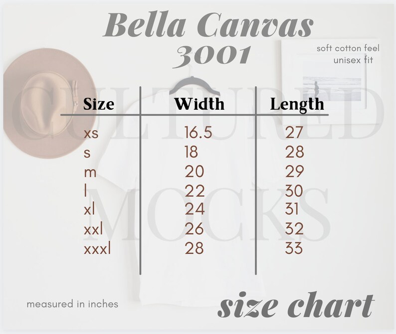 May include: Size chart for Bella Canvas 3001 unisex t-shirts, showing width and length measurements in inches for sizes XS to XXXL.