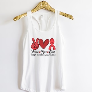 Heart Disease Awareness Shirt Racerback Red Tank for Heart Disease Survivor Peace Love Cure Women&#39;s Racerback Tank