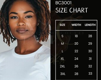Tabla de tallas, Tabla de tallas Bella Canvas 3001, Tabla de tallas de camisetas unisex BC3001 para mujer negra, Tabla de tallas culturales Guía de tallas de camisetas