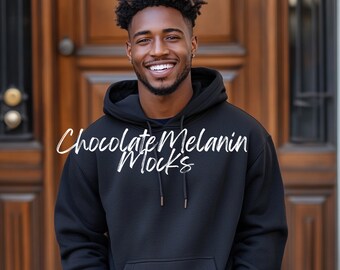 Maqueta de sudadera con capucha, maqueta de papá negro, maqueta de sudadera con capucha negra, maqueta de Gildan 18500, maqueta de modelo de hombre negro, maqueta de POD, maqueta de sudadera con capucha