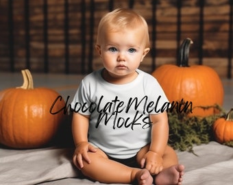 Fall Infant Baby White Shirt Mockup, Kids Bella Canvas 3001T White Shirt Mockup, Fall Shirt Mockup with Pumpkins, Baby Halloween Mockup