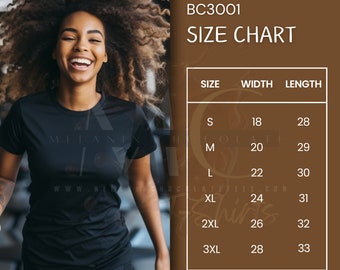 Bella Canvas 3001 maattabel mockup shirtmodel Bella Canvas maattabel tshirt zwarte vrouw maattabel 3001 maattabel mockup uniseks maatmodel