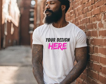 Maqueta de Bella Canvas masculina negra, maqueta de camisa blanca BC3001, maqueta de hombre negro, descarga digital afroamericana, tiendas de propiedad negra