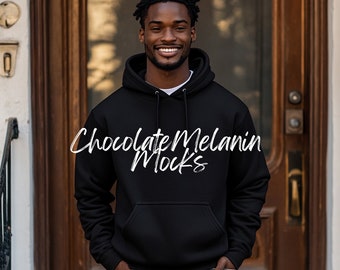 Maqueta de sudadera con capucha, maqueta de papá negro, maqueta de sudadera con capucha negra, maqueta de Gildan 18500, maqueta de modelo de hombre negro, maqueta de POD, maqueta de sudadera con capucha