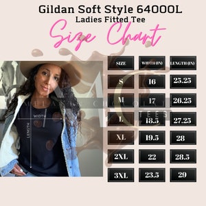 Tabla de tallas Gildan 64000L, Tabla de tallas de camisetas Softstyle Gildan para mujer, Tabla de tallas G640L Guía de tallas de camisetas, Tabla de tallas G640L