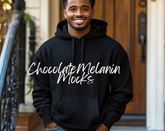 Maqueta de sudadera con capucha, maqueta de papá negro, maqueta de sudadera con capucha negra, maqueta de Gildan 18500, maqueta de modelo de hombre negro, maqueta de POD, maqueta de sudadera con capucha