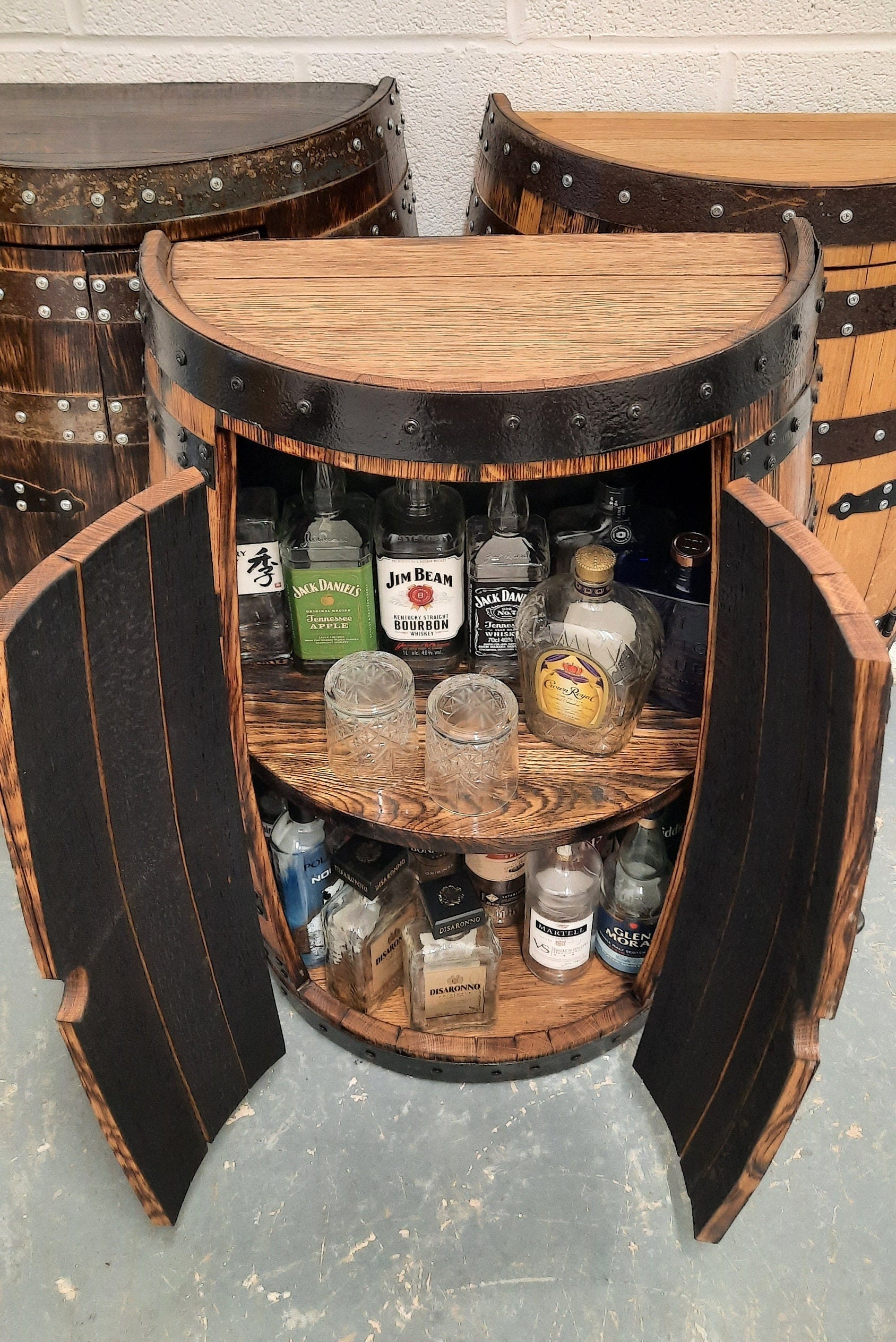 Half barrel liquor cabinet hot sale