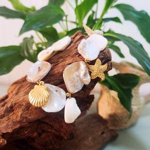 Shell Bracelet with Starfish & Pearl – Natural Seashell Jewelry, Adjustable 18+5 cm, Ocean Inspired Boho Bracelet, Summer Gift, Waterproof