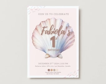 Invitación de cumpleaños "Concha en la playa" / Invitación editable/imprimible / Plantilla de cumpleaños con estilo costero