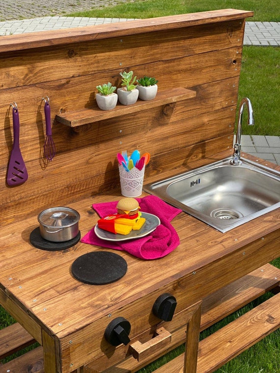Cuisine De Jeu D'extérieur Pour Enfants – 2 En 1 Avec Roues, évier, Barbecue, Bac à Plantes – En Bois, Dès 3 Ans